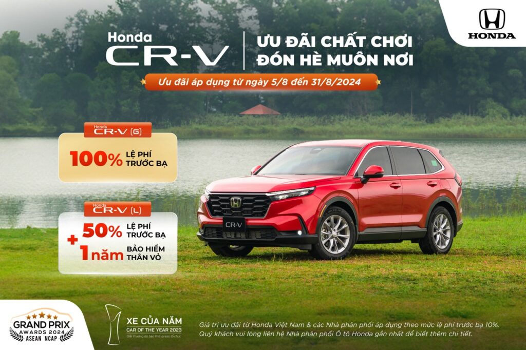 Ưu đãi 100% lệ phí trước bạ đối với Honda City và CR-V trong tháng 8/2024